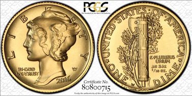 2016-W 10C Mercury Dime Gold 100th Anniversary First Strike Label SP70