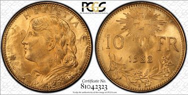 1922 B 10 Fr KM-36  Au MS67