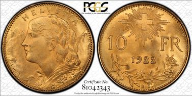 1922 B 10 Fr KM-36  Au MS67