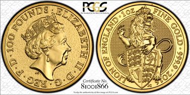 2016 £100 Queen's Beasts - Lion MS69