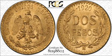 1920-Mo 2 Peso KM-461  Au MS65