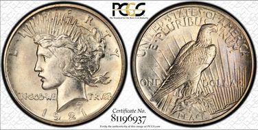 1921 $1 High Relief, Peace MS63