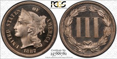 1887/6 3CN Strong Overdate PR67CAM