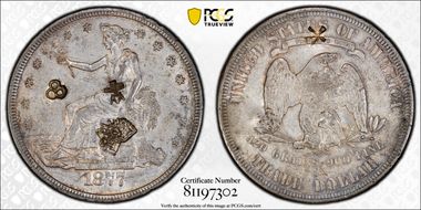 1877-S T$1 TDV-32, Repunched 7 Chopmarked AU55
