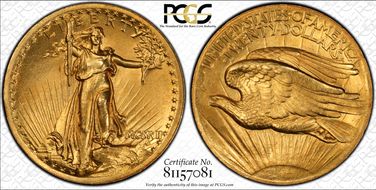 1907 $20 High Relief, Wire Edge MS63+