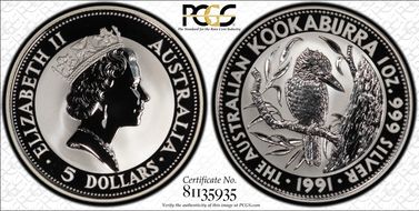 1991 $5 Kookaburra KM-138  Ag MS70