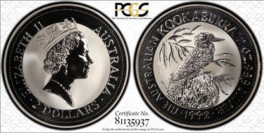 1992 $2 Kookaburra 2oz Ag MS69