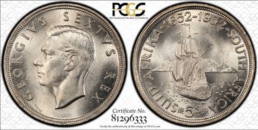 1952 5 Shil 300th Ann. of Capetown KM-41  Ag MS64