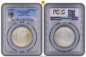 1938 10 Litu Republic ↑↑ KM-84 Ag MS63