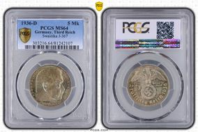 1936-D 5 Mk Swastika J-367 MS64