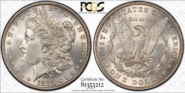 1880 $1 VAM 9, 8/7 Stem MS65