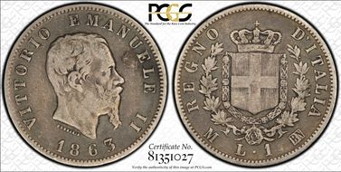 1863-M BN Lira w/ Rev. Shield KM-5a.1  Ag VF20