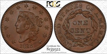 1828 1C Large Narrow Date MS65BN