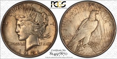 1921 $1 High Relief, Peace N1