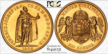 "1908"-KB 100 Kor Restrike KM-491  Au MS66