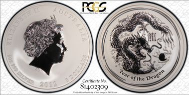 2012-P $8 Year of the Dragon 5oz Ag MS69