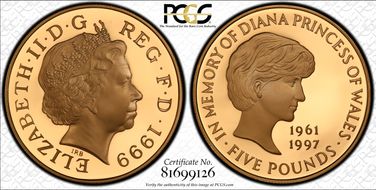 1999 £5 S-L6 Diana Au PR69DCAM