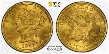 1907 $5 MS64+ 