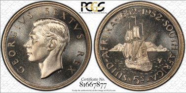 1952 5 Shil 300th Ann. of Capetown KM-41  Ag PR68