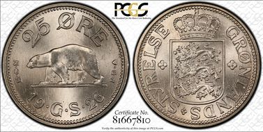 1926 HCN GJ 25 Øre KM-5 w/o Hole MS66