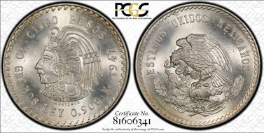 1947-Mo 5 Peso Cuauhtemoc KM-465 Ag MS66