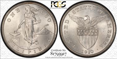 1910-S Peso KM-172  Ag MS64