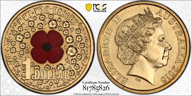 2015 $1 WWI War Heroes-Red Poppy Colorized MS65