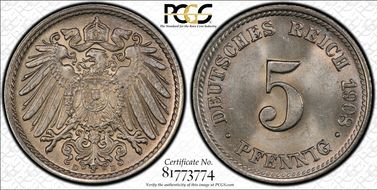 1908-D 5 Pfg J-12 MS65