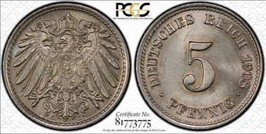 1908-D 5 Pfg J-12 MS65
