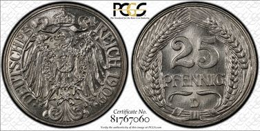 1909-D 25 Pfg J-18 MS65