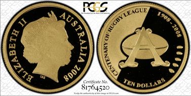 2008 $10 Centenary of Rugby PR69DCAM