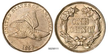 1858/7 1C Strong Overdate AU58