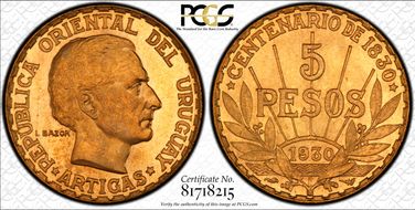 1930 5 Peso KM-27  Au MS66