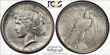 1921 $1 High Relief, Peace MS62