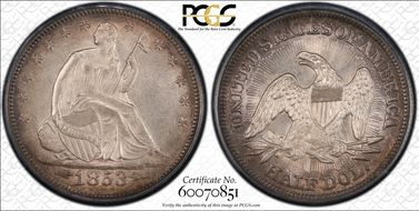 1853 50C Arrows & Rays MS63