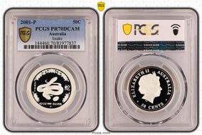 2001-P 50C Year of the Snake KM-535 Ag PR70DCAM