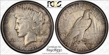 1921 $1 High Relief, Peace AU55