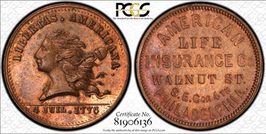 (1876) Token Pa-Ph 810A Copper American Life Insurance Co. MS63RB