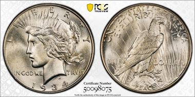 1934 $1 VAM 1A, Obv Die Scratch MS66