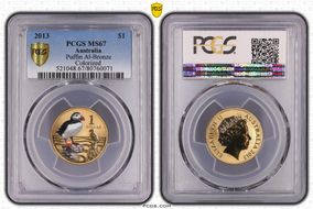 2013 $1 Puffin Al-Bronze Colorized MS67