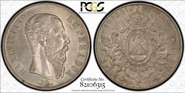 1866-Mo Peso Maximilian KM-388.1  Ag AU53