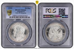 1932 50 Din Belgrade KM-16  Ag MS64