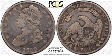 1836 50C Overton 112, Bar Dot F15