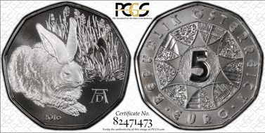 2016 € 5 Dürer`s Young Hare MS70