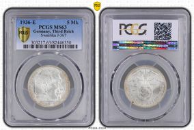 1936-E 5 Mk Swastika J-367 MS63