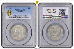 1933(w) 5 Zl Queen Jadwiga KM-21  Ag AU55