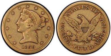 1859-D $5 Medium D VF25