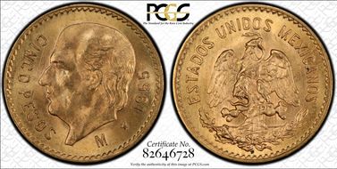 1955-M 5 Peso KM-464  Au MS66