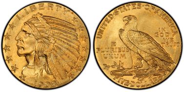 1908 $5 Indian MS66+