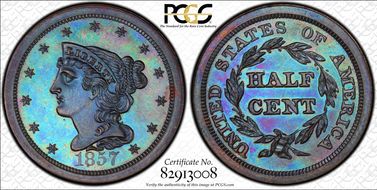 1857 1/2C PR65+ BN